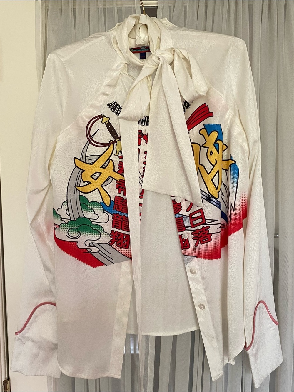 Silk Tie-Neck Button-Down Top with Graphic Print - White